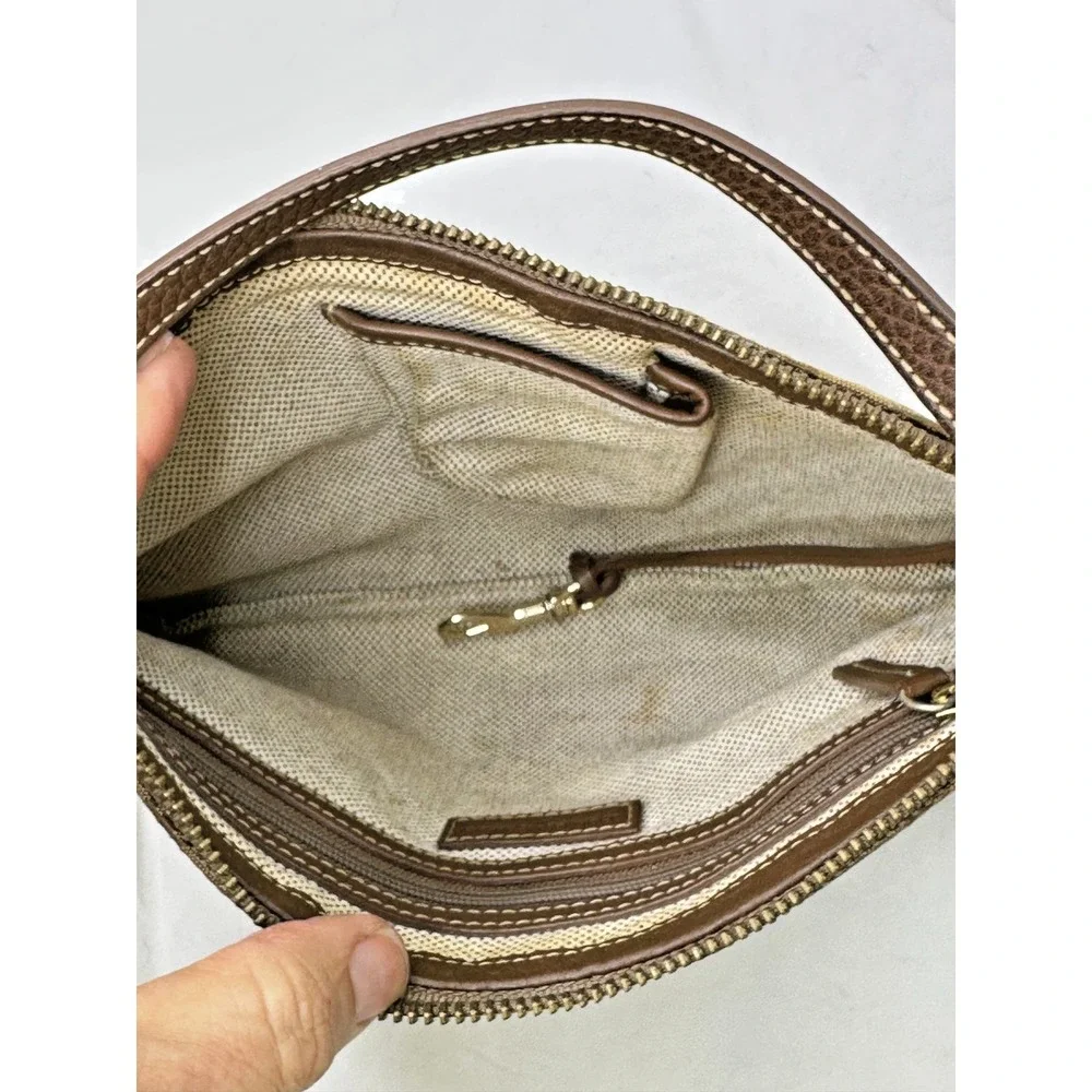 Vtg Dooney Bourke Purse DB Logo Canvas Jacquard Leather‎ Trim Brown Slim